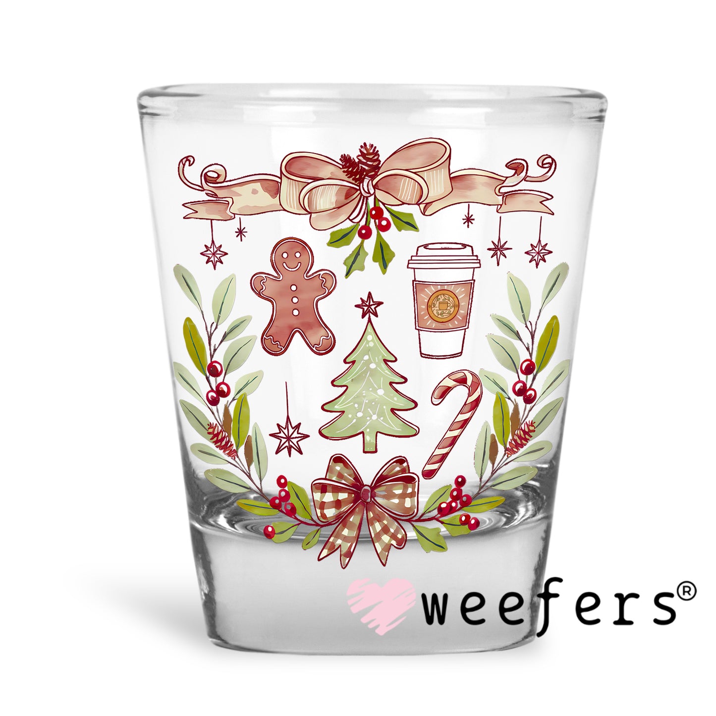 Retro Christmas Wreath UV DTF Decal Shot Glass Heavy Base Weefers