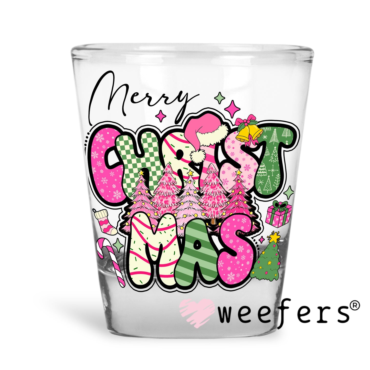 Pink Merry Christmas UV DTF Decal Shot Glass Heavy Base Weefers