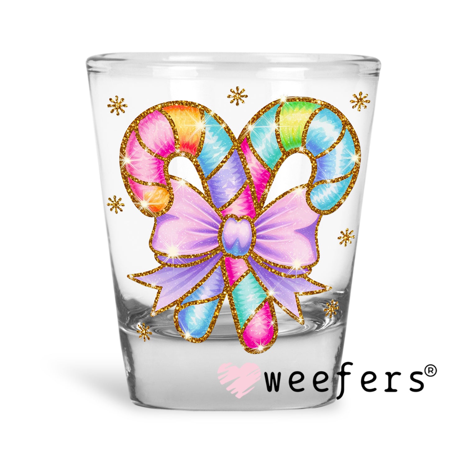 Rainbow Candy Canes UV DTF Decal Shot Glass Heavy Base Weefers