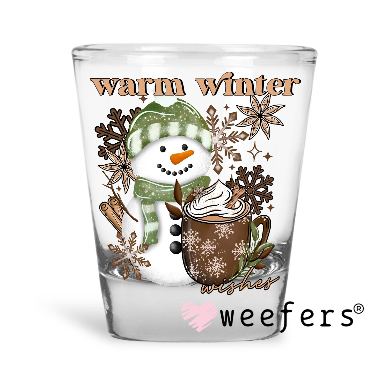 Warm Winter Snowman and Hot Cocoa UV DTF Decal Shot Glass Heavy Base Weefers