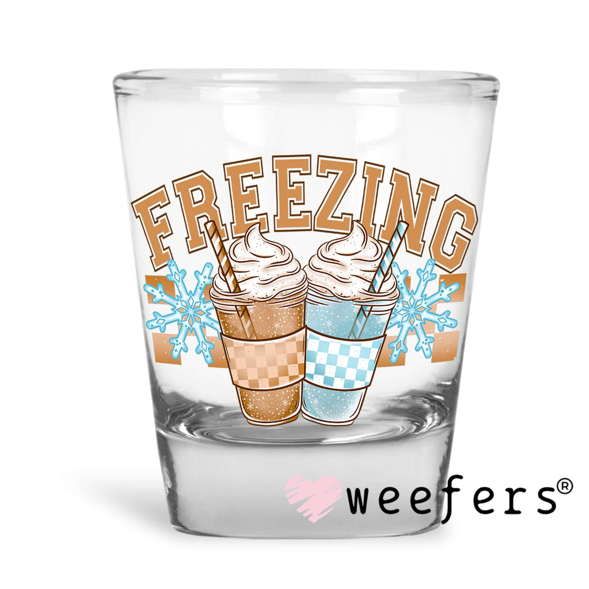 Freezing Blue Snowflakes UV DTF Decal Shot Glass Heavy Base Weefers