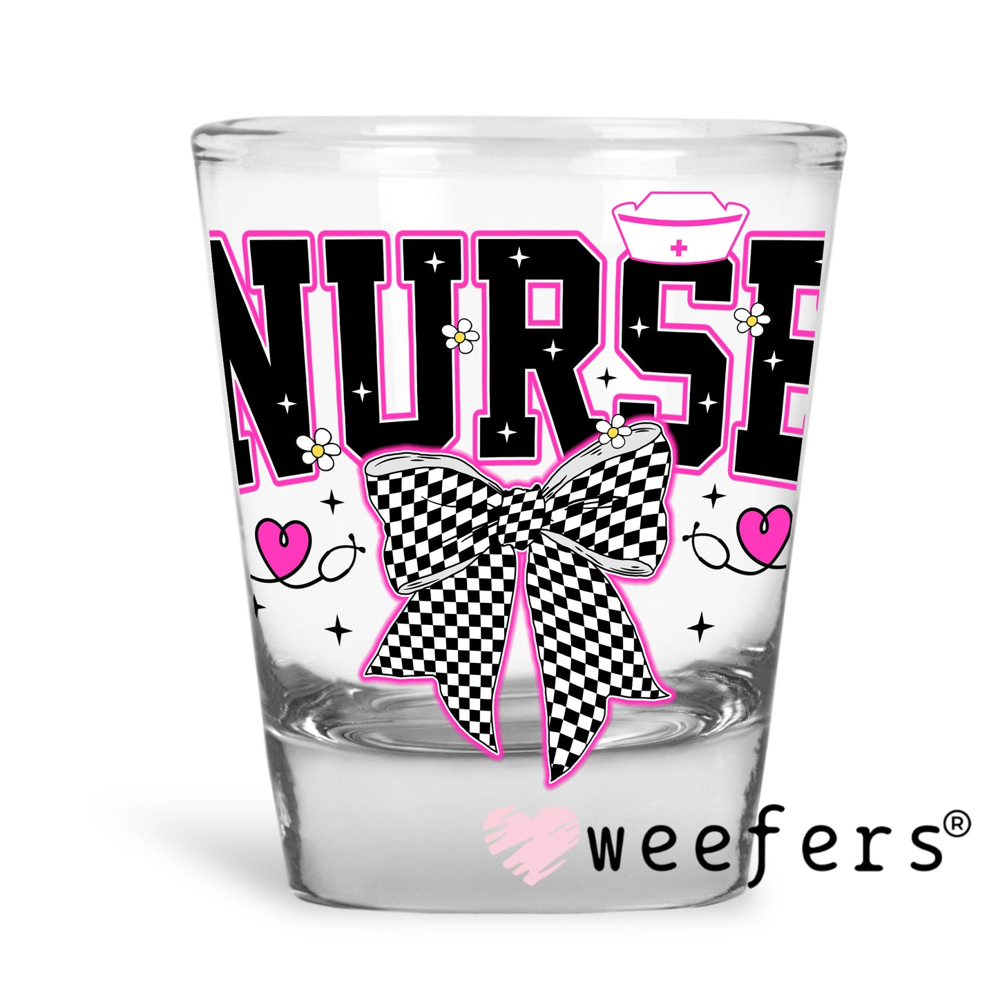 Nurse Pink Checkered UV DTF Decal Shot Glass Heavy Base Weefers
