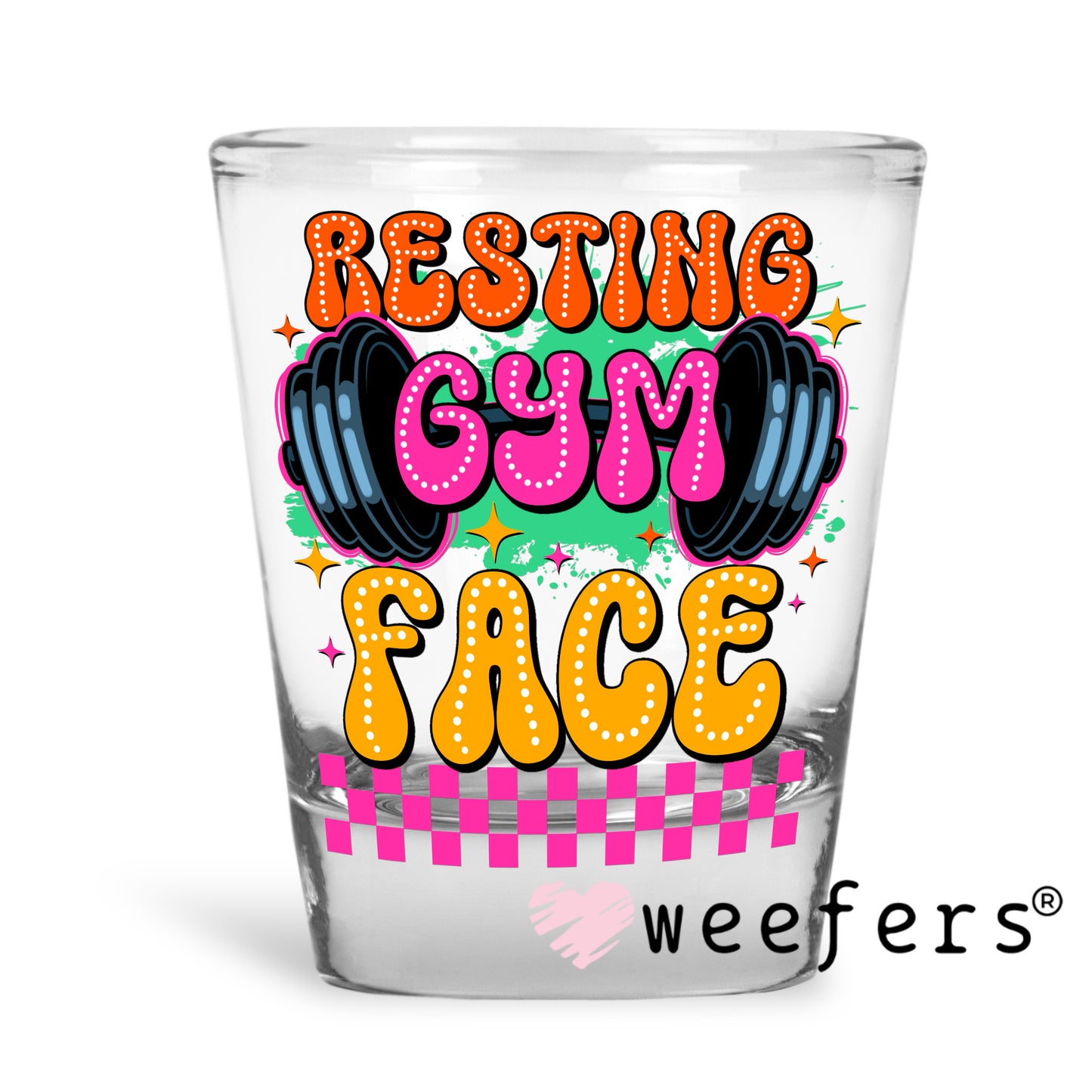 Resting Gym Face UV DTF Decal Shot Glass Heavy Base Weefers
