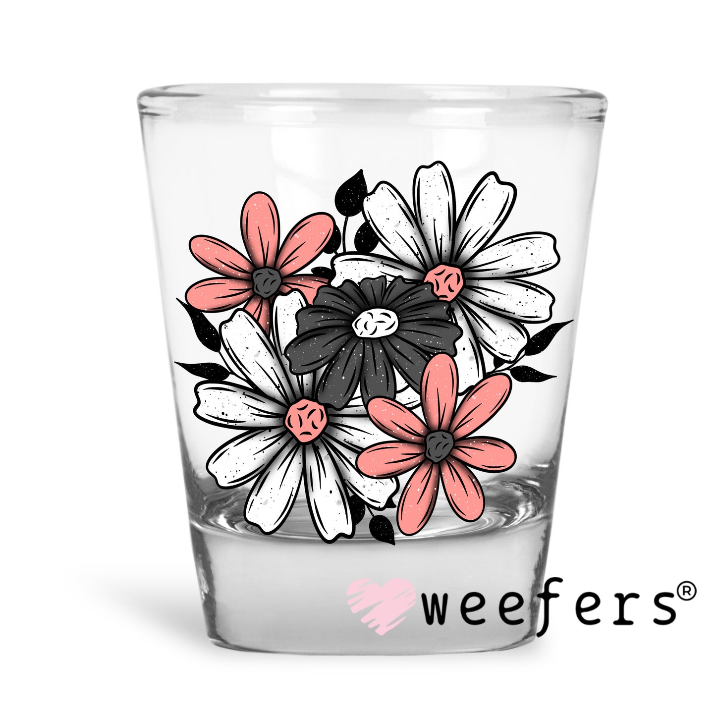 Grey White Pink Floral Bouquet UV DTF Decal Shot Glass Heavy Base Weefers