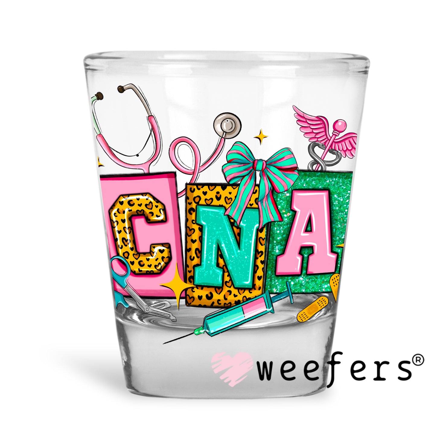 CNA Teal and Pink UV DTF Decal Shot Glass Heavy Base Weefers