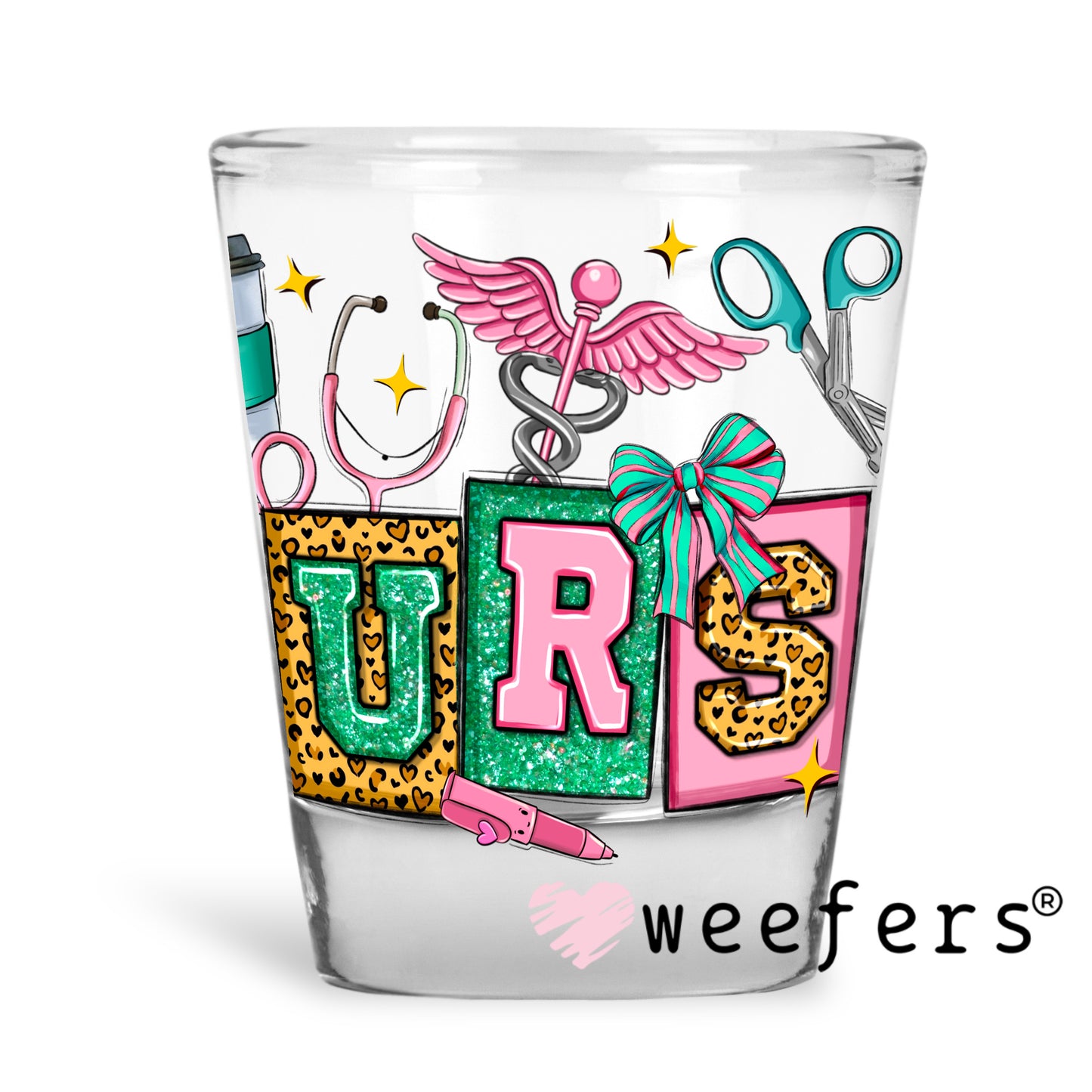Nurse Teal and Pink UV DTF Decal Shot Glass Heavy Base Weefers