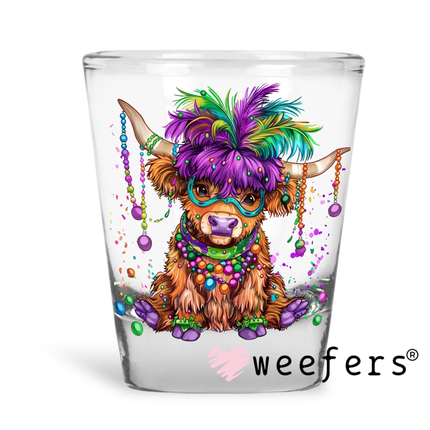 Mardi Gras Bougee Highlander Cow UV DTF Decal Shot Glass Heavy Base Weefers