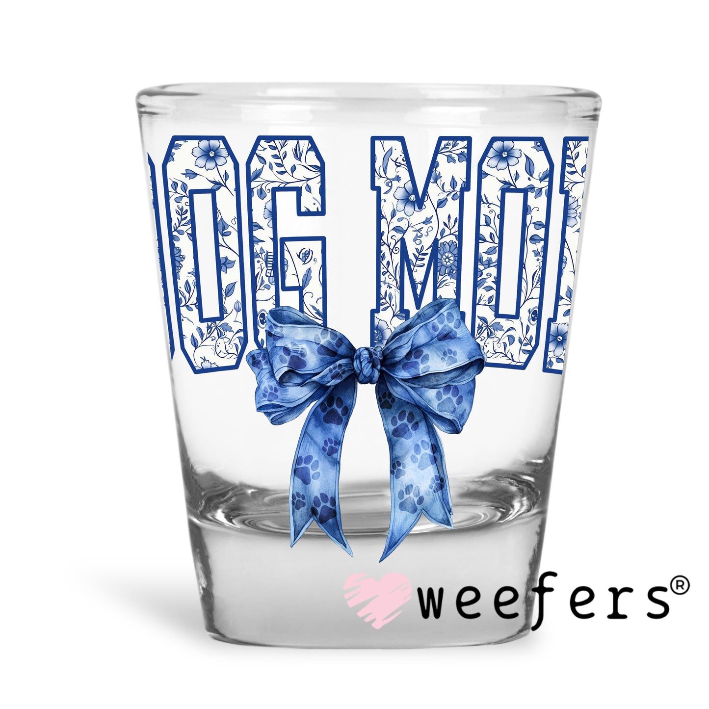 Dog Mom Blue Toile Bow UV DTF Decal Shot Glass Heavy Base Weefers