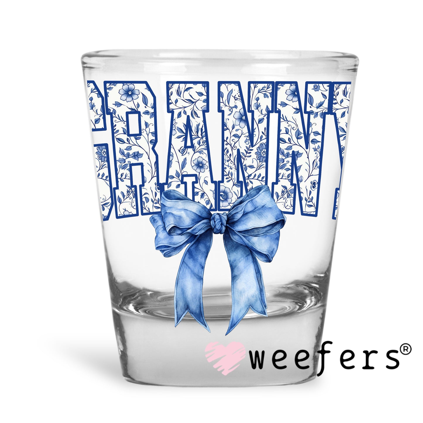 Granny Blue Toile Bow UV DTF Decal Shot Glass Heavy Base Weefers