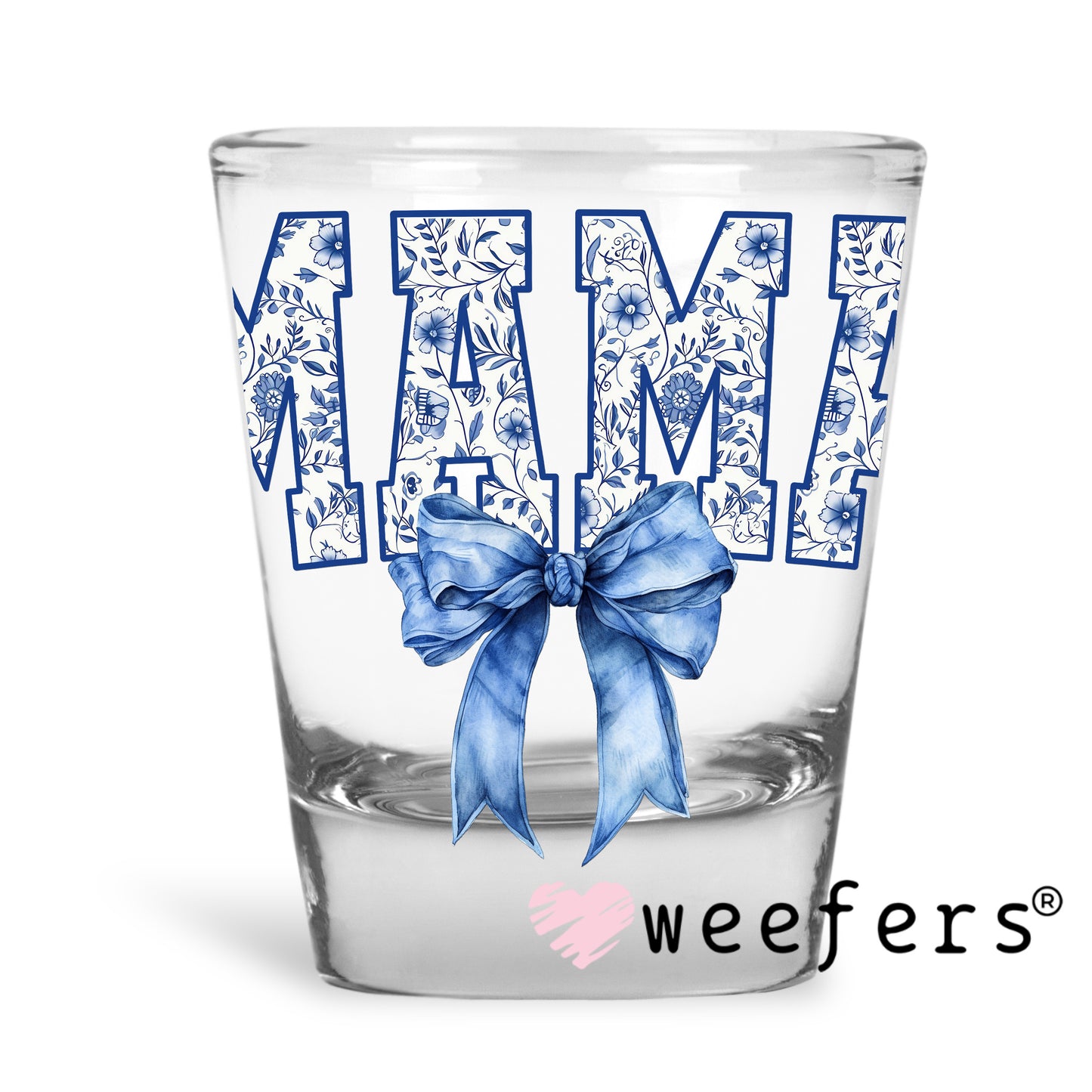 Mama Blue Toile Bow UV DTF Decal Shot Glass Heavy Base Weefers