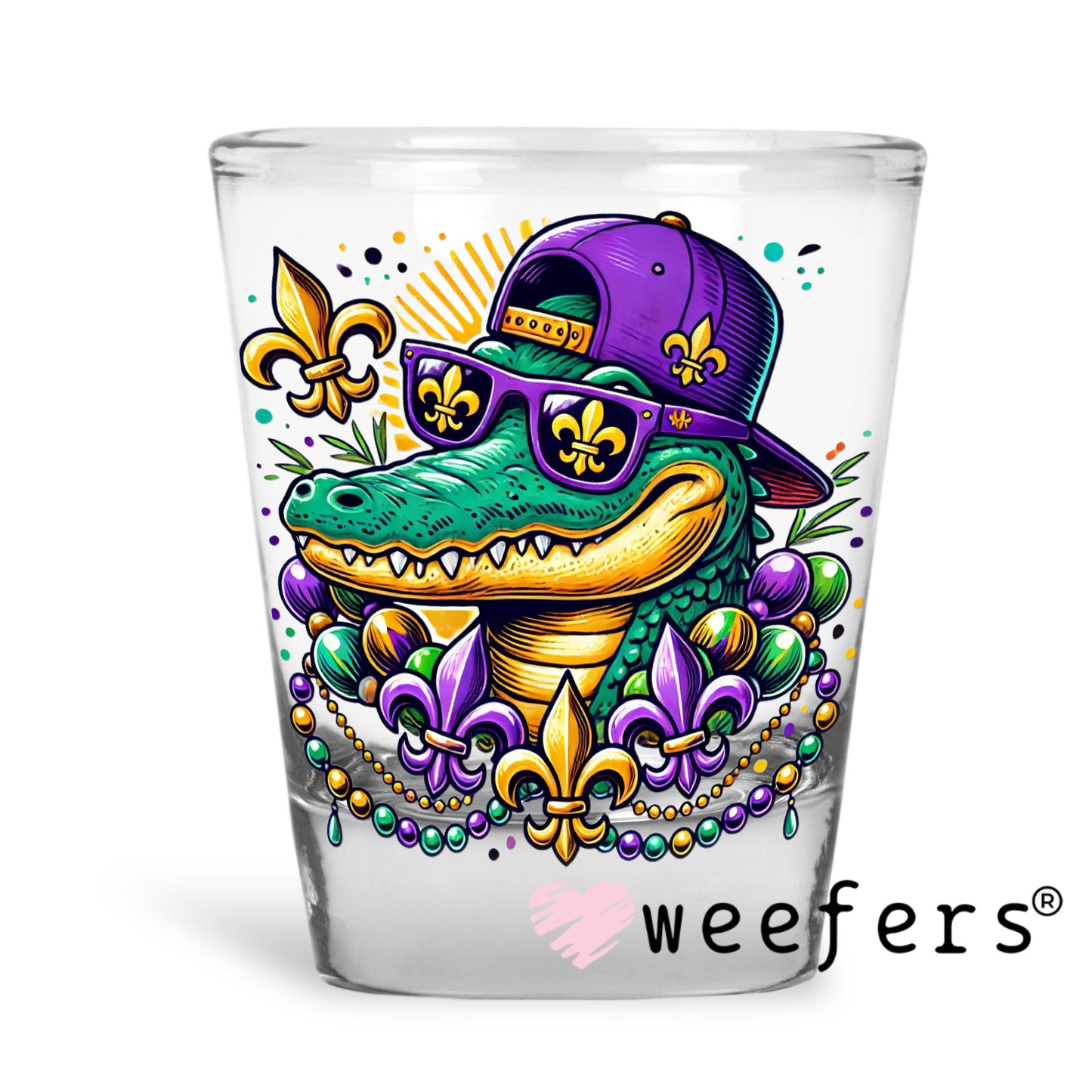 Mardi Gras Cool Alligator UV DTF Decal Shot Glass Heavy Base Weefers