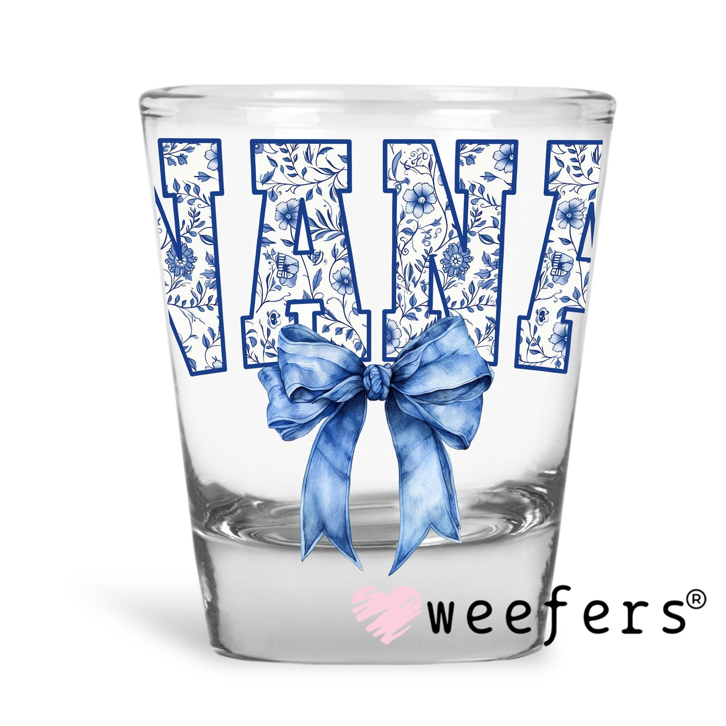 Nana Blue Toile Bow UV DTF Decal Shot Glass Heavy Base Weefers