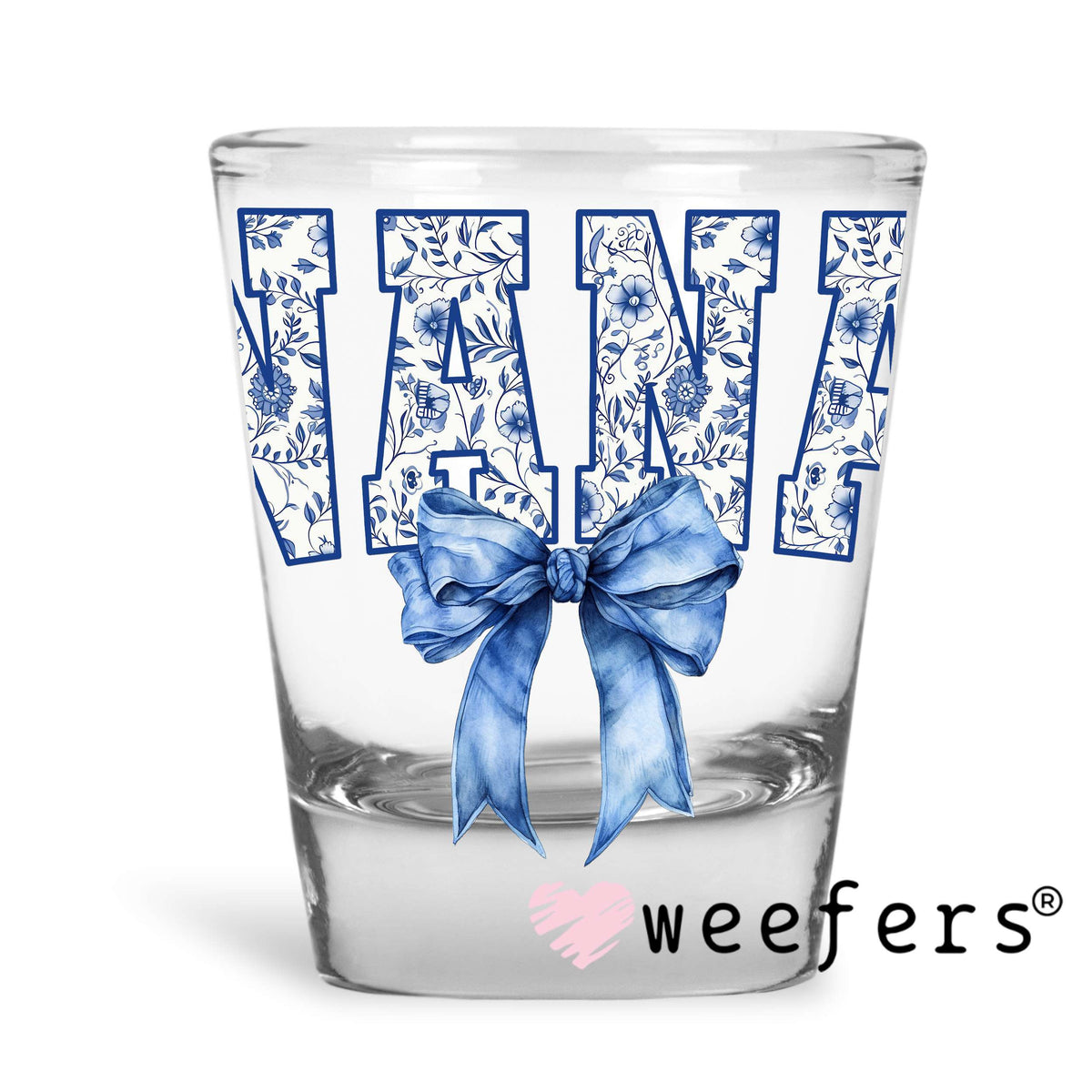 Nana Blue Toile Bow UV DTF Decal Shot Glass Heavy Base Weefers