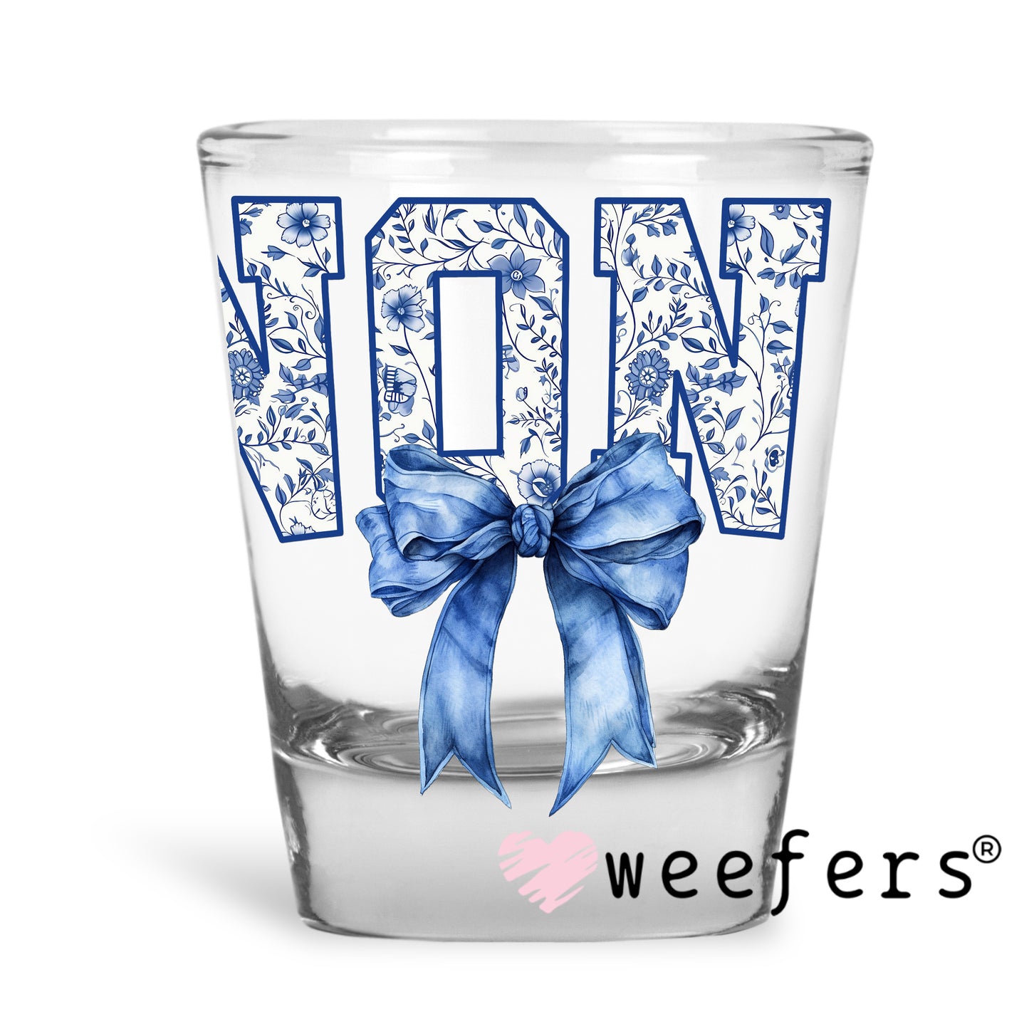Noni Blue Toile Bow UV DTF Decal Shot Glass Heavy Base Weefers