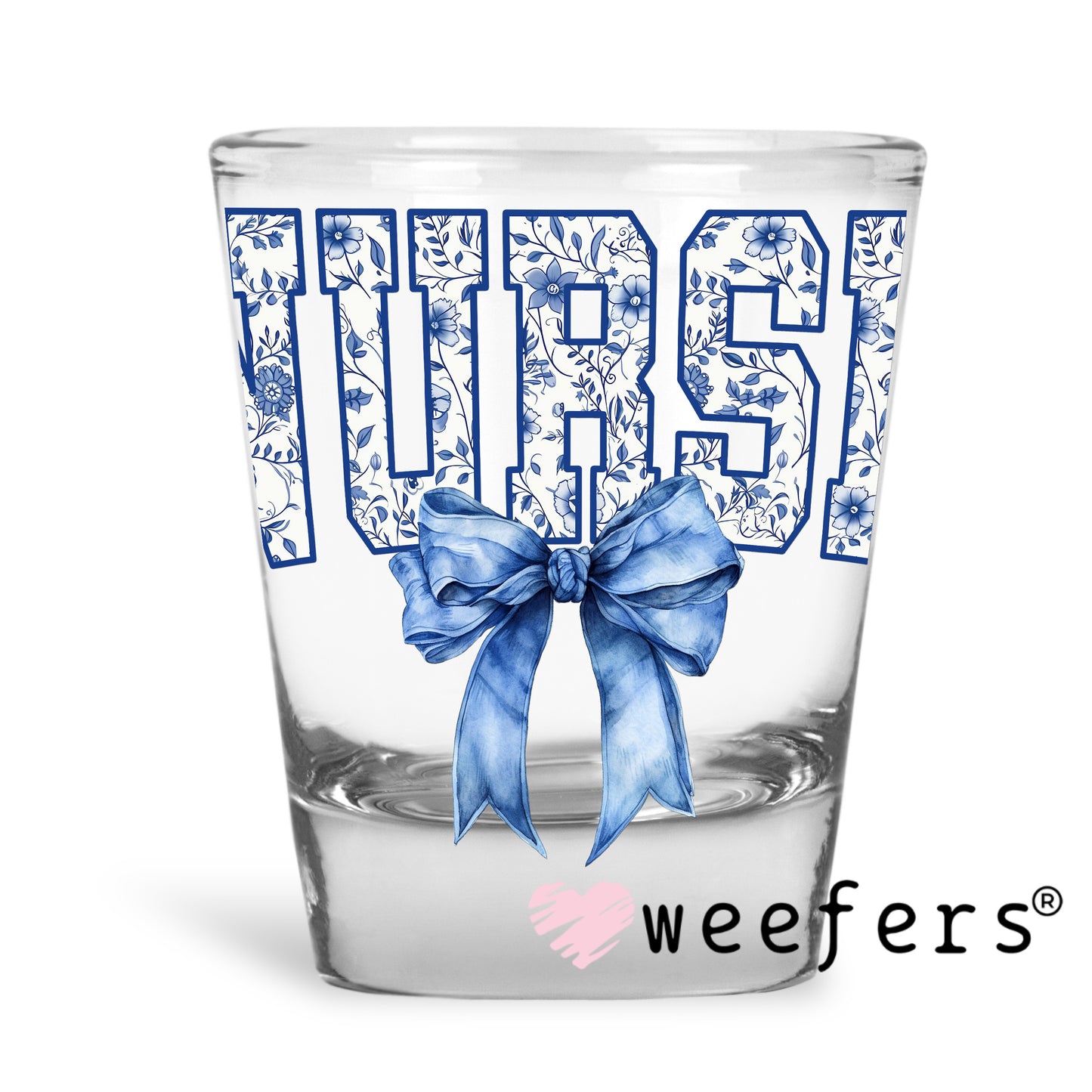 Nurse Blue Toile Bow UV DTF Decal Shot Glass Heavy Base Weefers