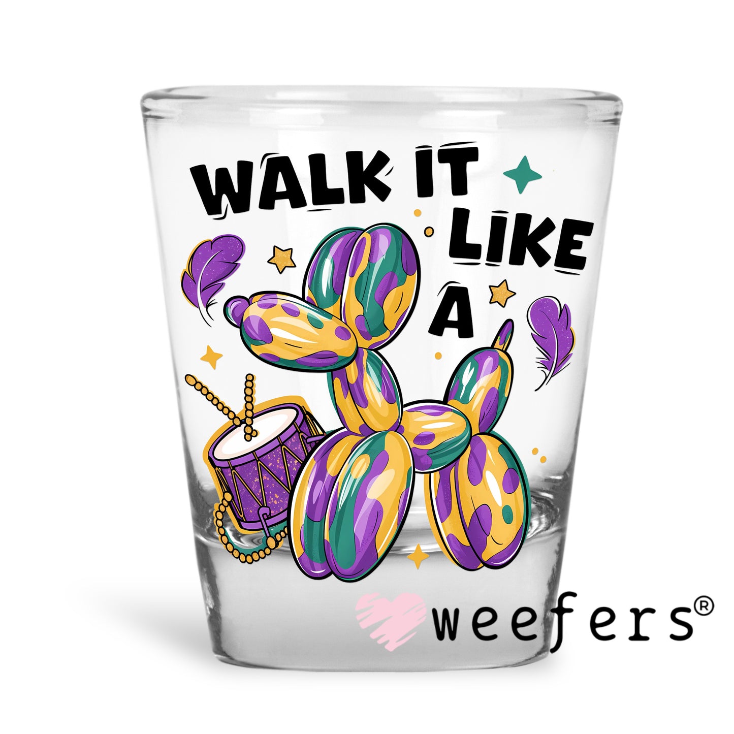 Mardi Gras Balloon Dog UV DTF Decal Shot Glass Heavy Base Weefers