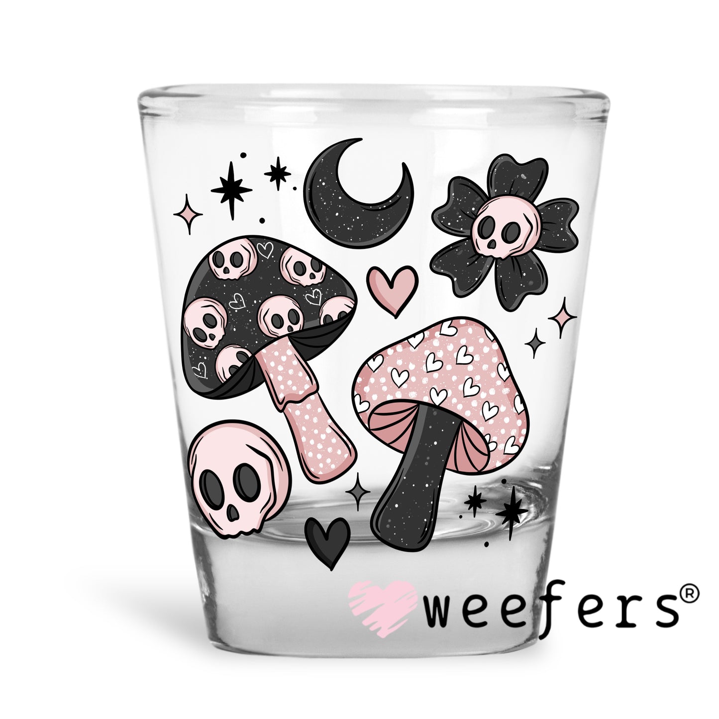 Pink and Black Mushrooms and Skulls UV DTF Decal Shot Glass Heavy Base Weefers