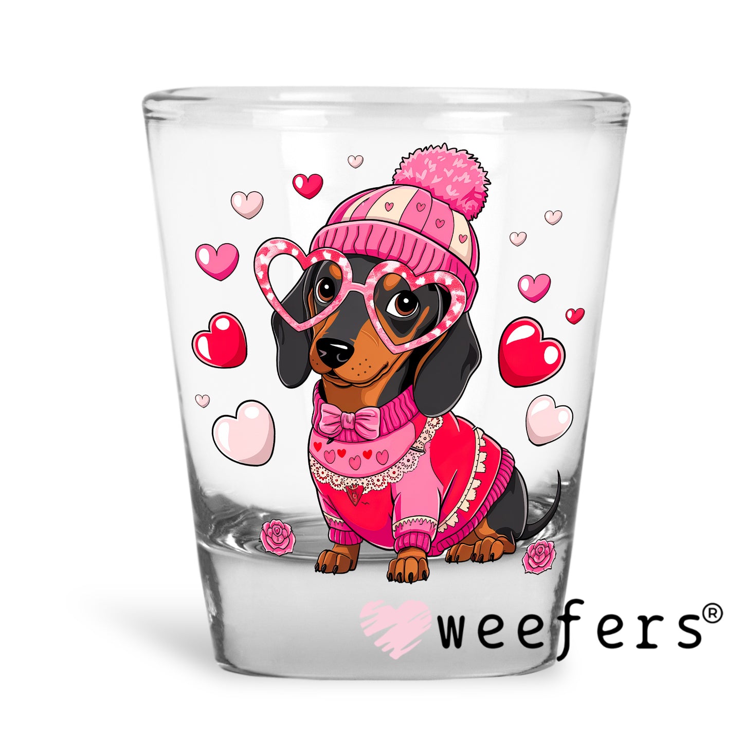 Dachshund Valentine Love Bug UV DTF Decal Shot Glass Heavy Base Weefers