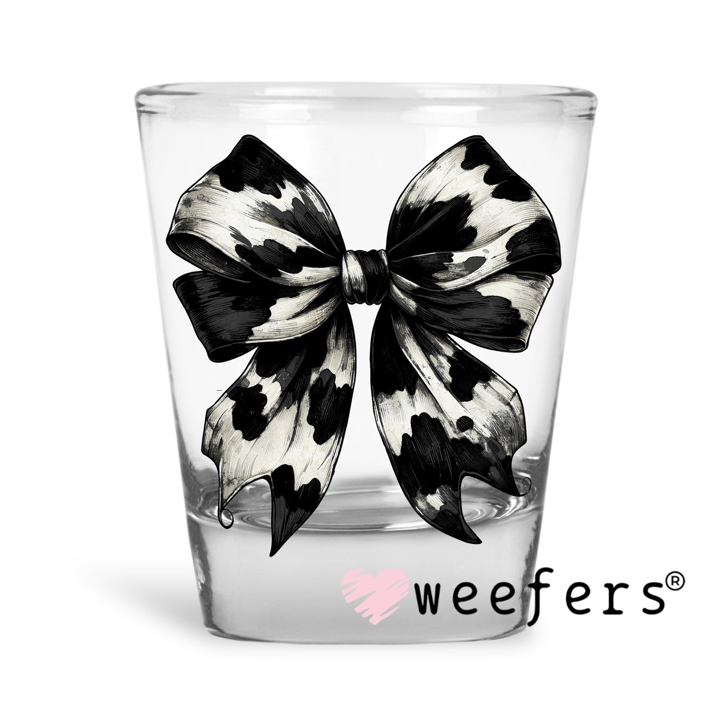 Black Cow Print Bow UV DTF Decal Shot Glass Heavy Base Weefers