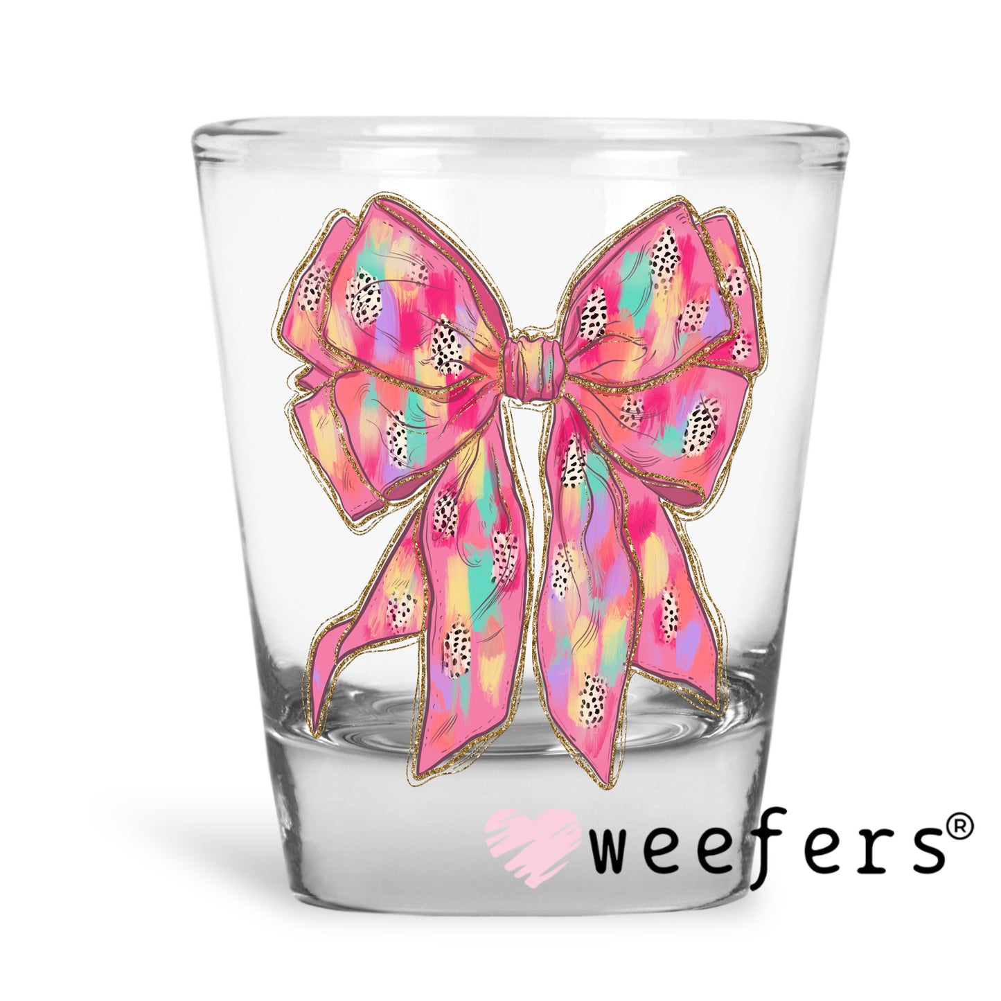 Glitter Pink Teal Bow UV DTF Decal Shot Glass Heavy Base Weefers