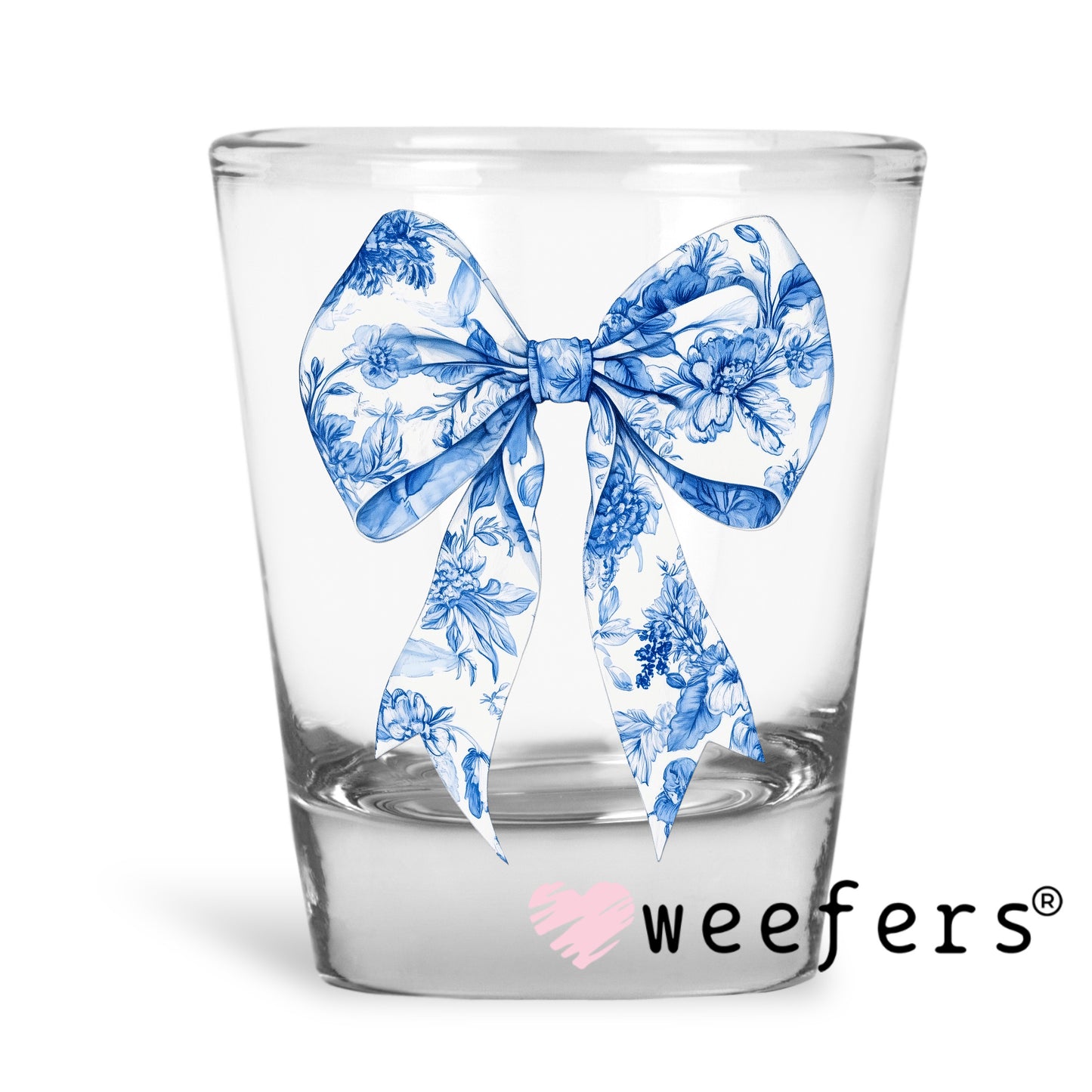 Coquette Blue Toile Bow UV DTF Decal Shot Glass Heavy Base Weefers