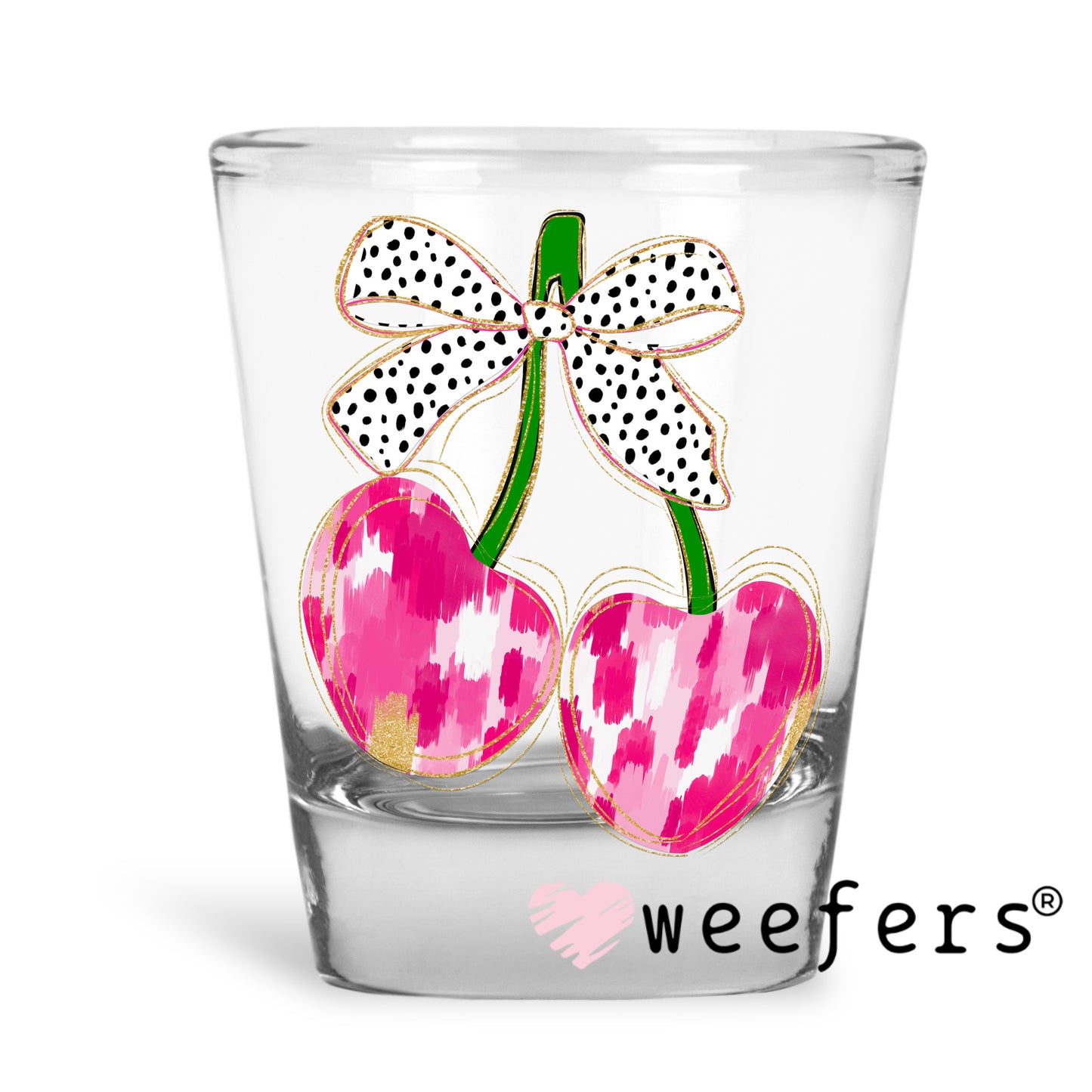 Glitter Pink Cherry Bow UV DTF Decal Shot Glass Heavy Base Weefers