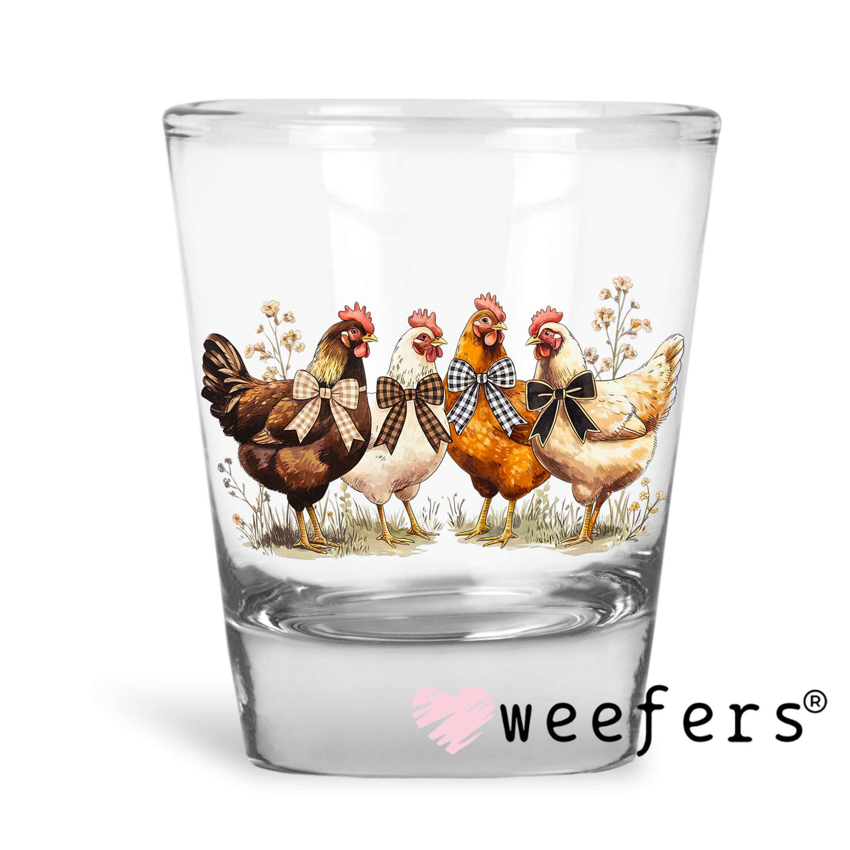 Sunday Best Chicken Friends UV DTF Decal Shot Glass Heavy Base Weefers