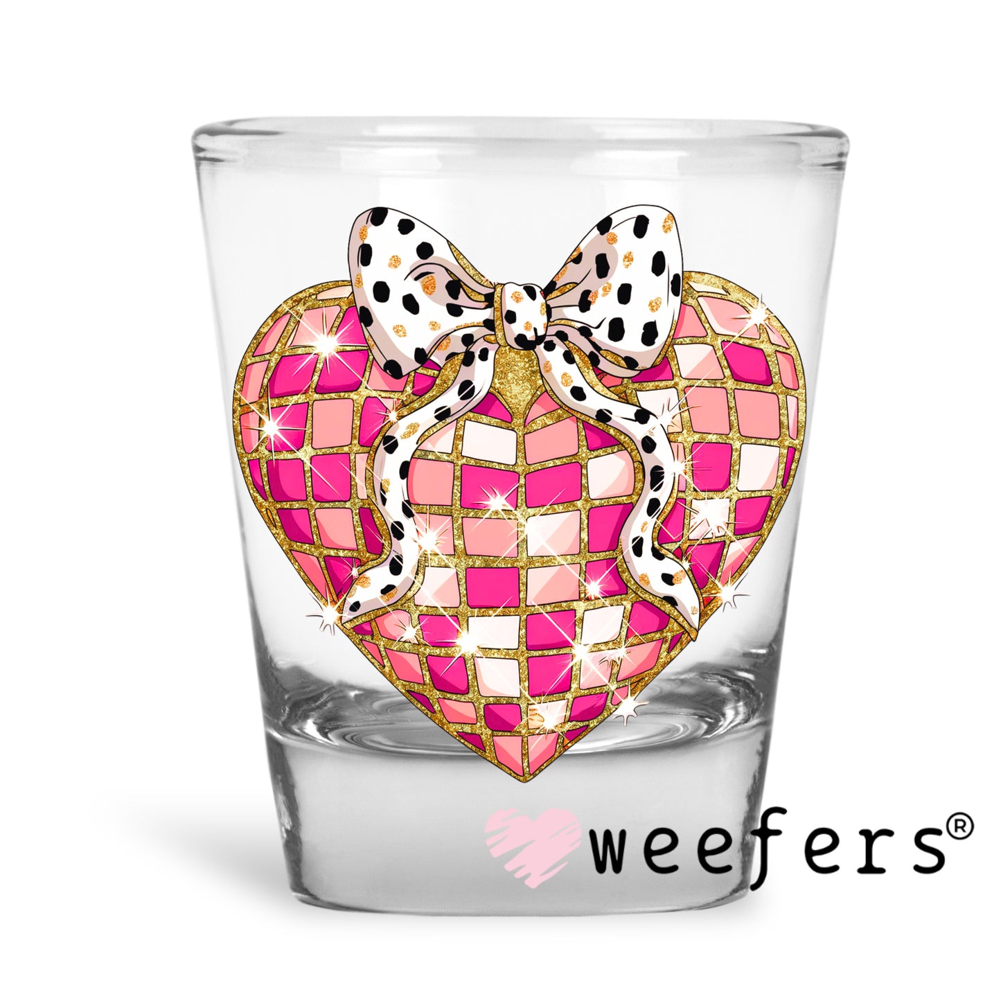 Disco Heart Bow UV DTF Decal Shot Glass Heavy Base Weefers