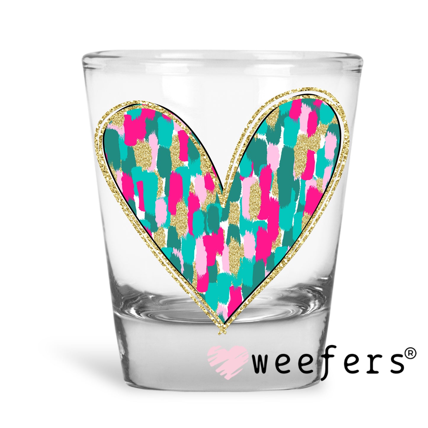 Glitter Colorful Heart UV DTF Decal Shot Glass Heavy Base Weefers