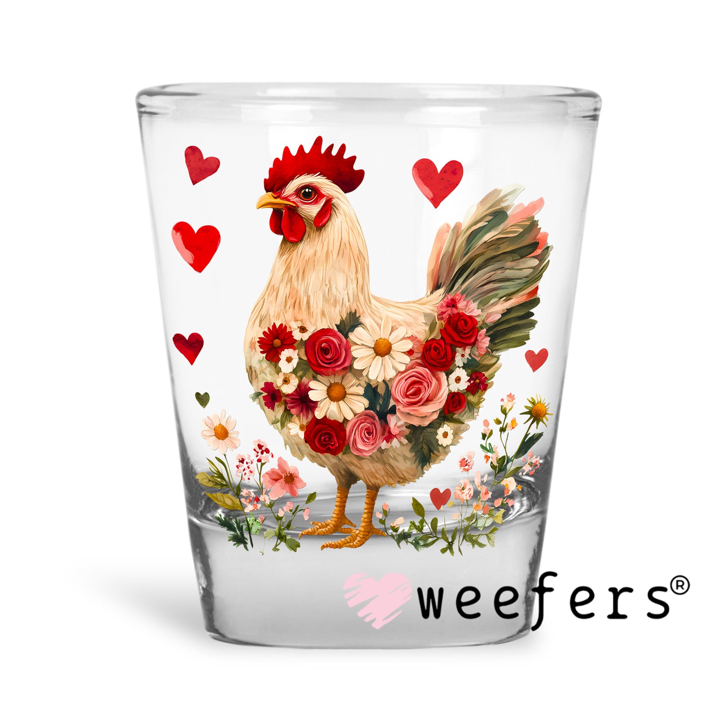 Floral Rooster UV DTF Decal Shot Glass Heavy Base Weefers