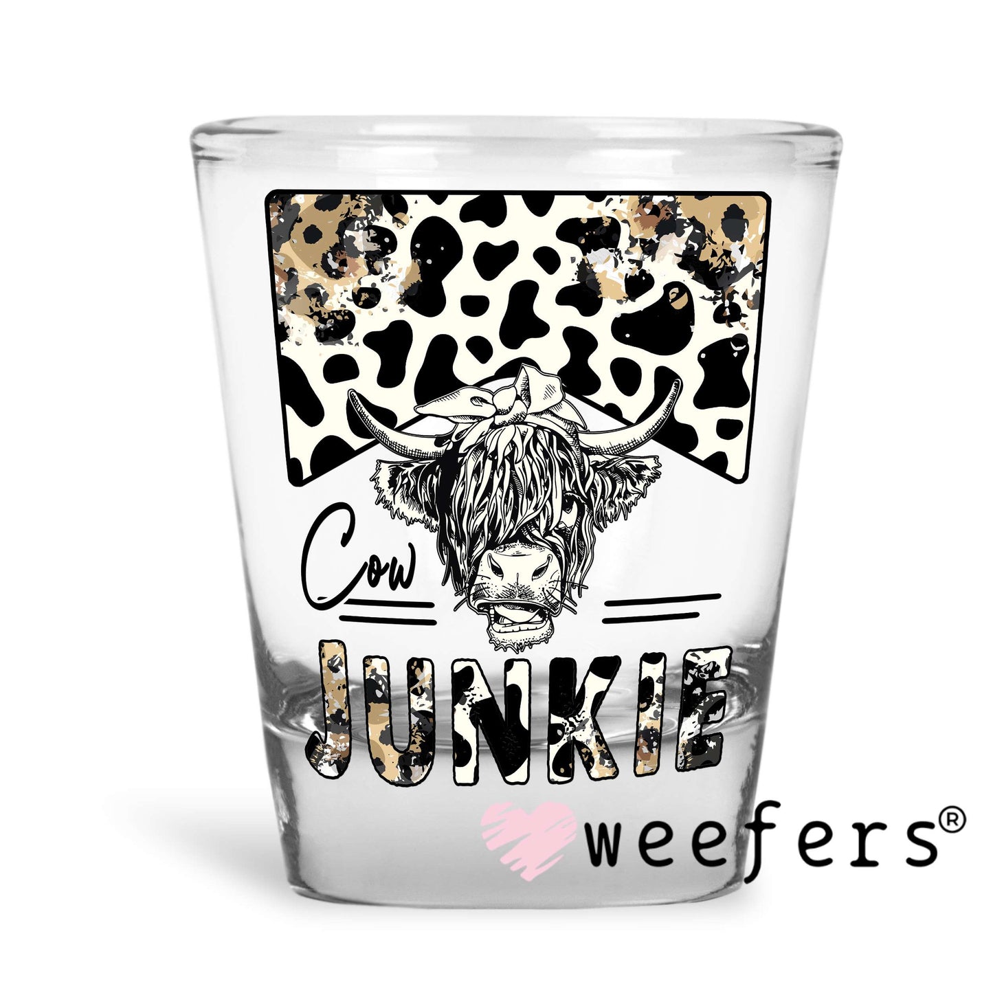 Cow Junkie Leopard UV DTF Decal Shot Glass Heavy Base Weefers