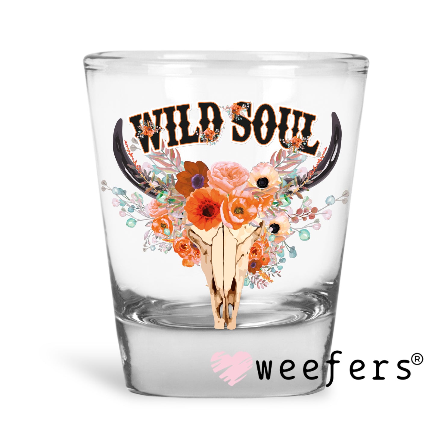 Wild Soul Cow Skull Peach UV DTF Decal Shot Glass Heavy Base Weefers