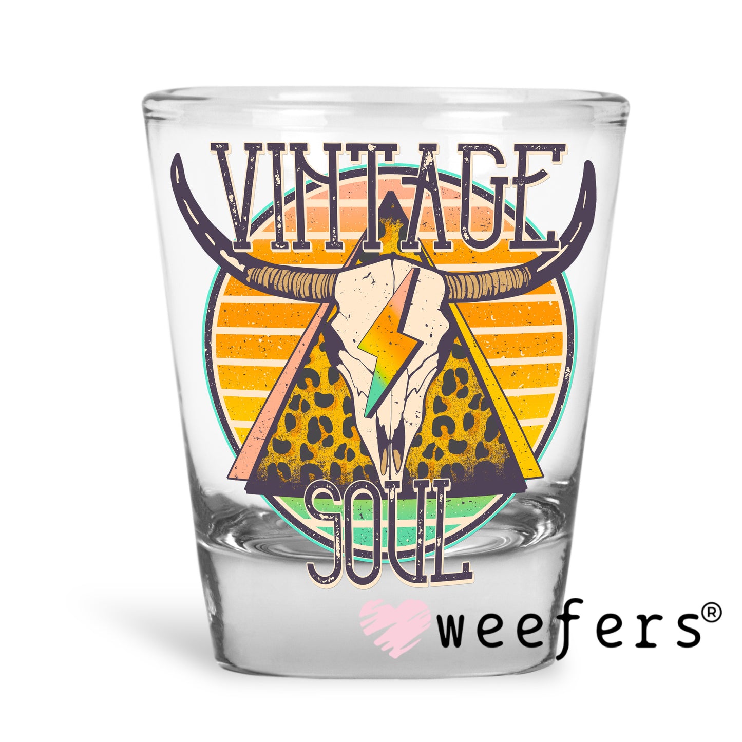 Vintage Soul Cow Skull Sun UV DTF Decal Shot Glass Heavy Base Weefers