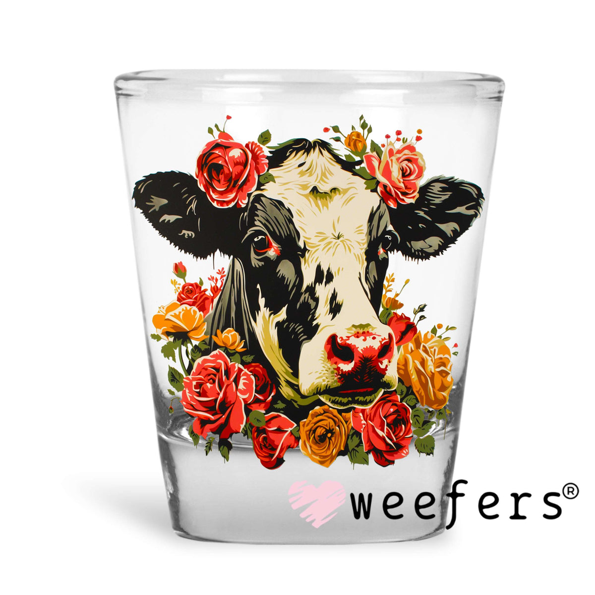 Flower Dairy Cow UV DTF Decal Shot Glass Heavy Base Weefers