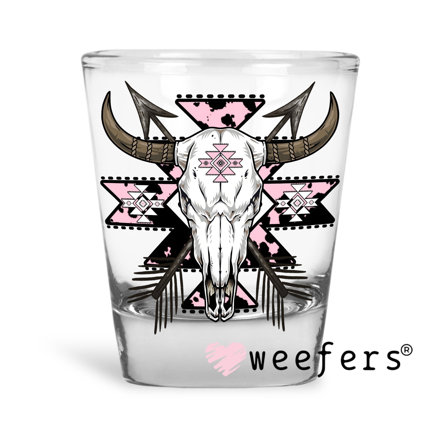 Pink Aztec Cow Skull UV DTF Decal Shot Glass Heavy Base Weefers