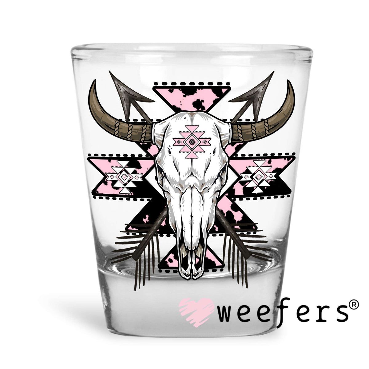 Pink Aztec Cow Skull UV DTF Decal Shot Glass Heavy Base Weefers