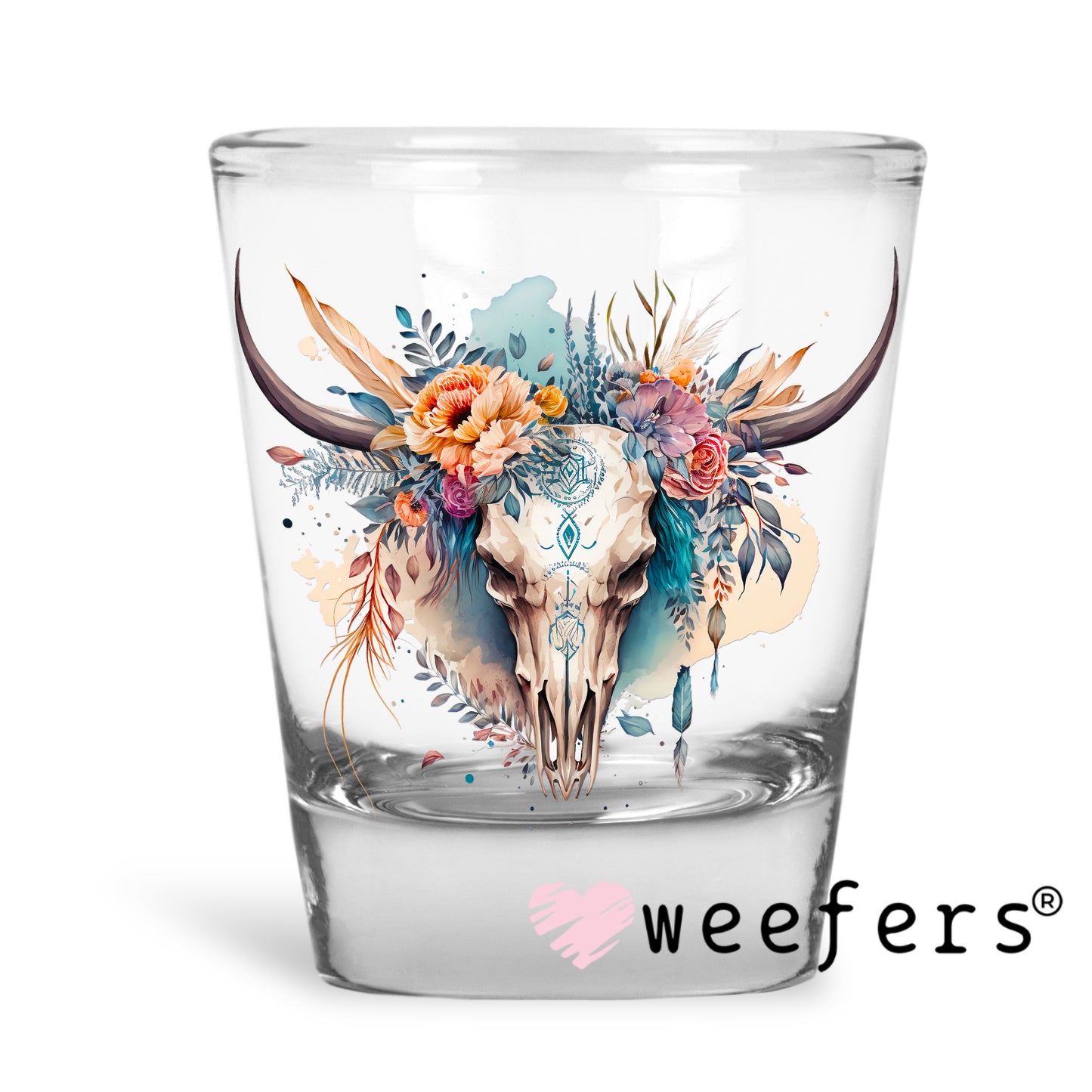 Blue Watercolor Cow Skull Western UV DTF Decal Shot Glass Heavy Base Weefers