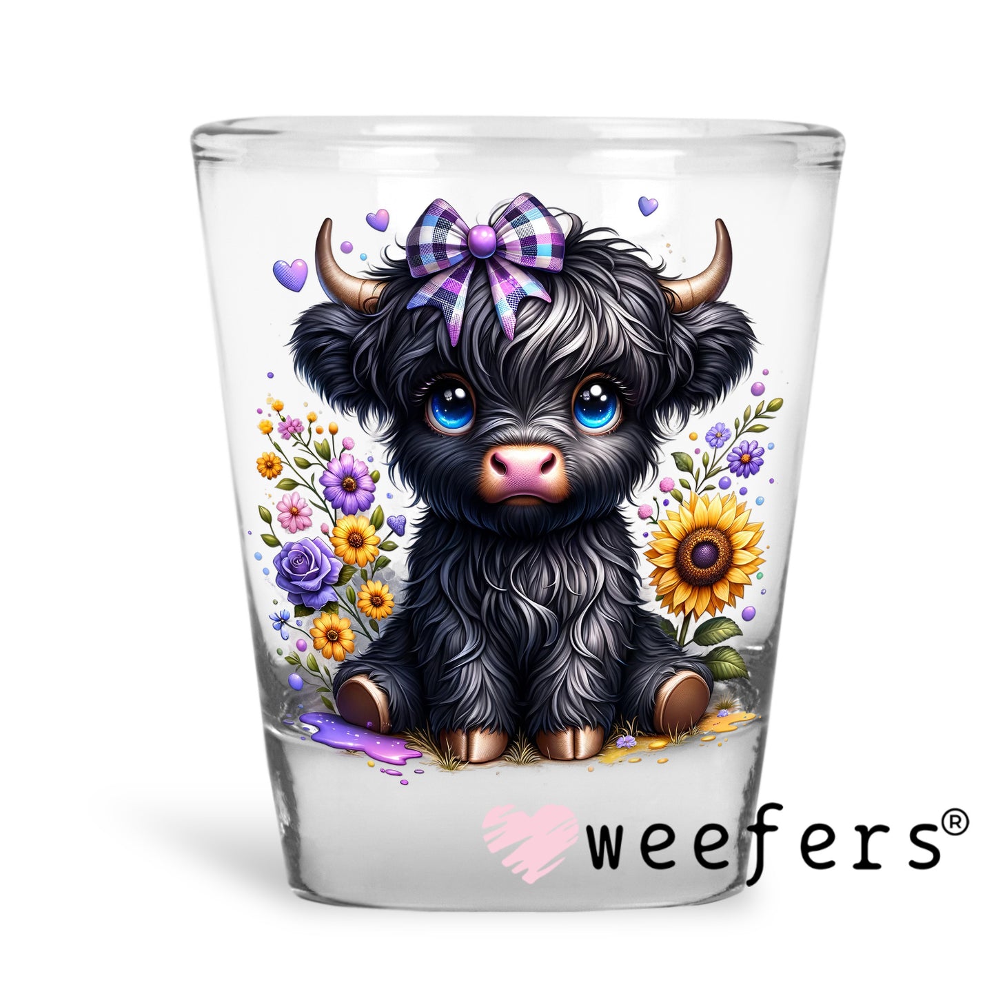 Black Baby Highlander Cow UV DTF Decal Shot Glass Heavy Base Weefers