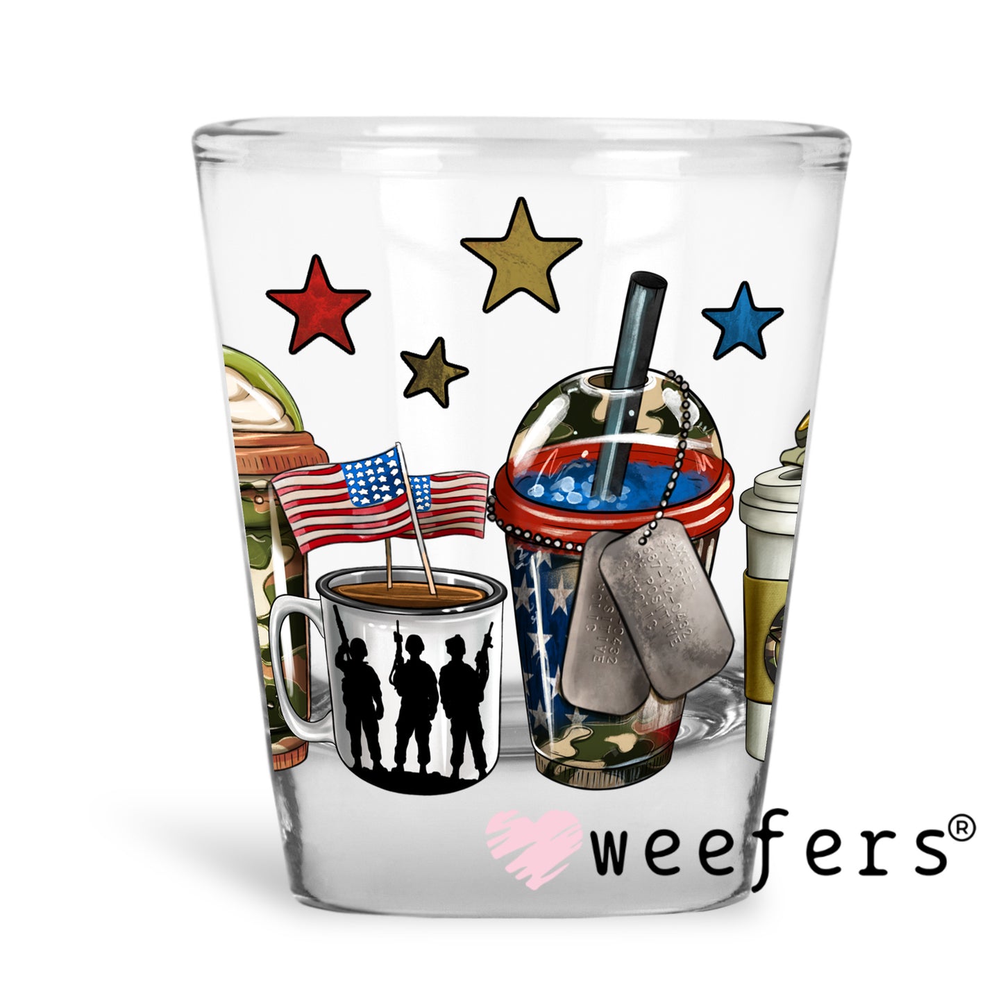 Military Coffee Latte UV DTF Decal Shot Glass Heavy Base Weefers