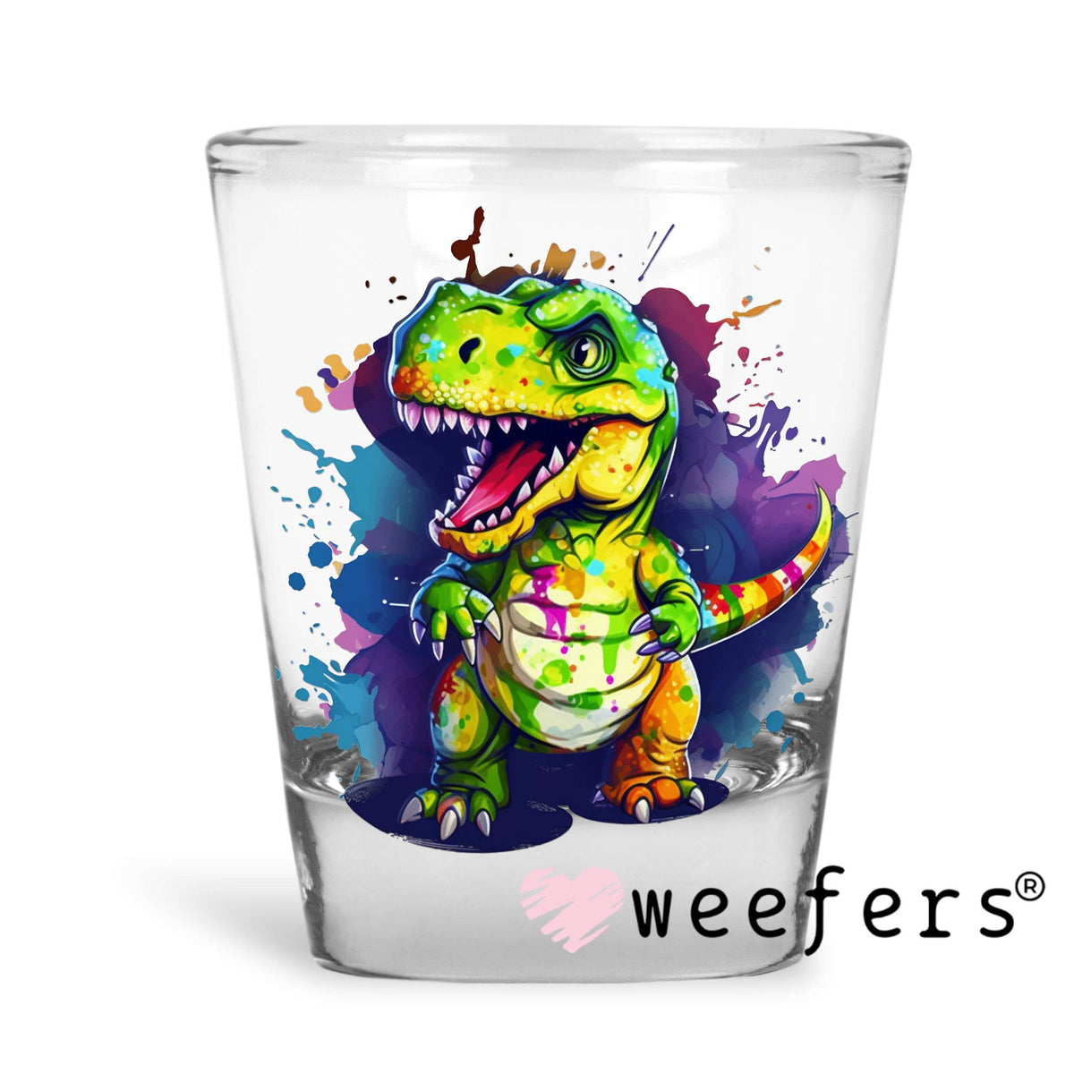 T Rex Dinosaur UV DTF Decal Shot Glass Heavy Base Weefers