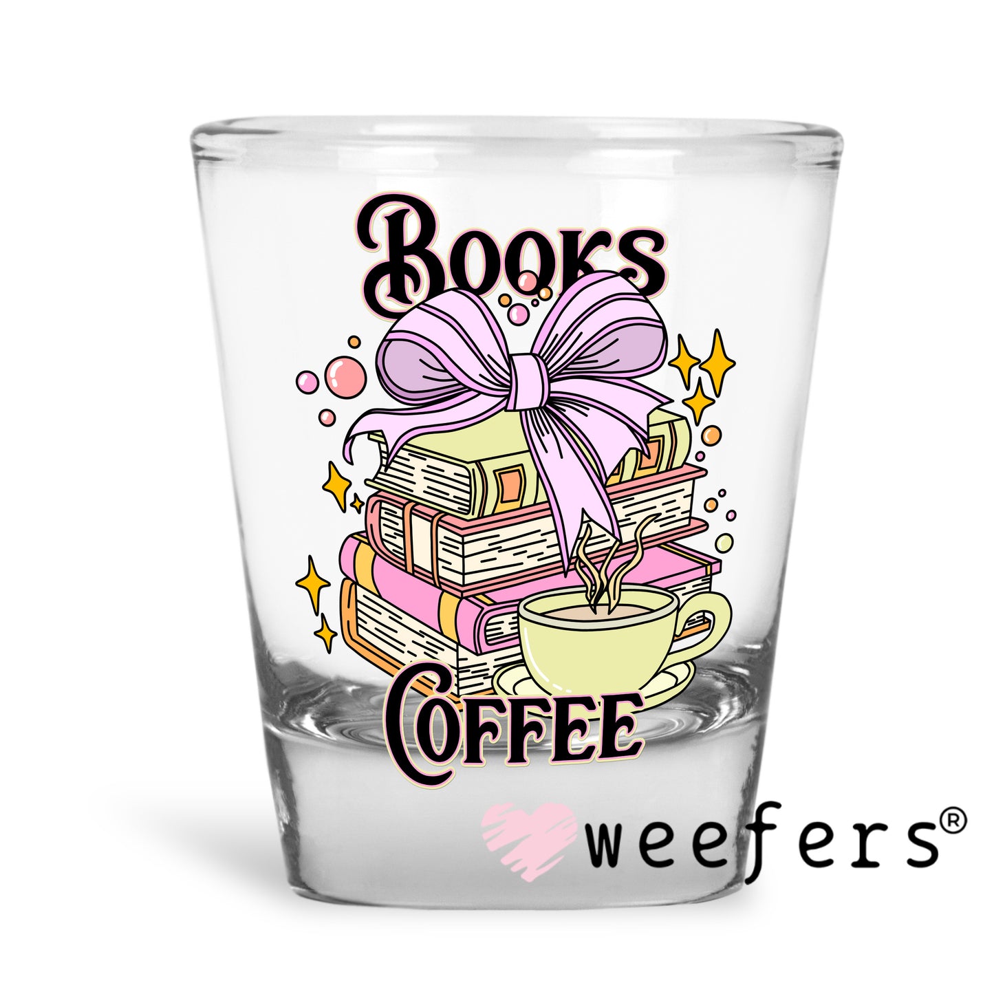 Books Coffee UV DTF Decal Shot Glass Heavy Base Weefers