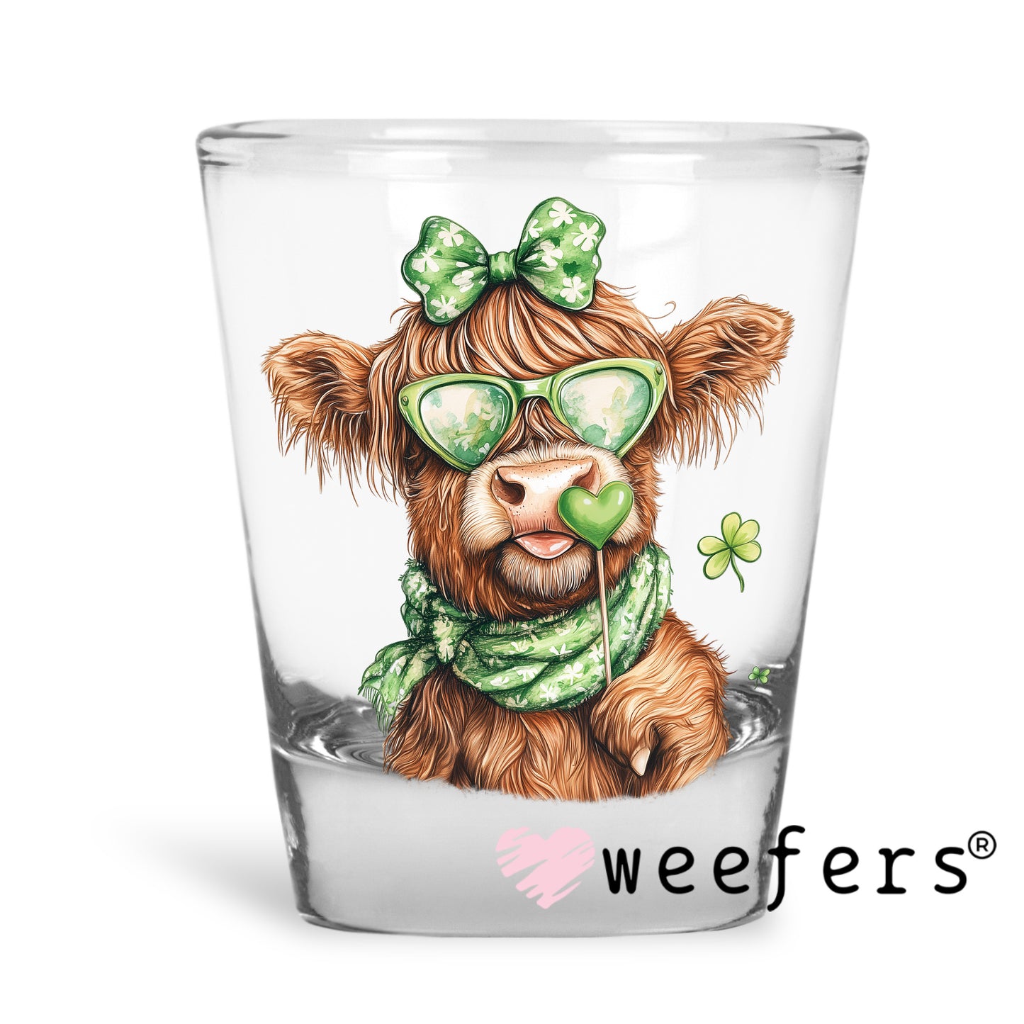 Bougie St. Patrick's Day Highlander Cow UV DTF Decal Shot Glass Heavy Base Weefers