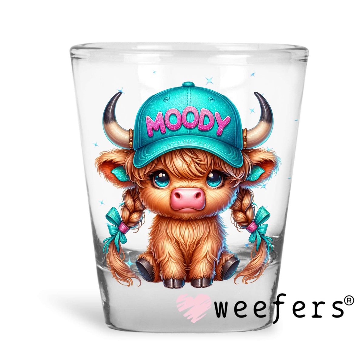 Moody Baby Highlander Cow UV DTF Decal Shot Glass Heavy Base Weefers