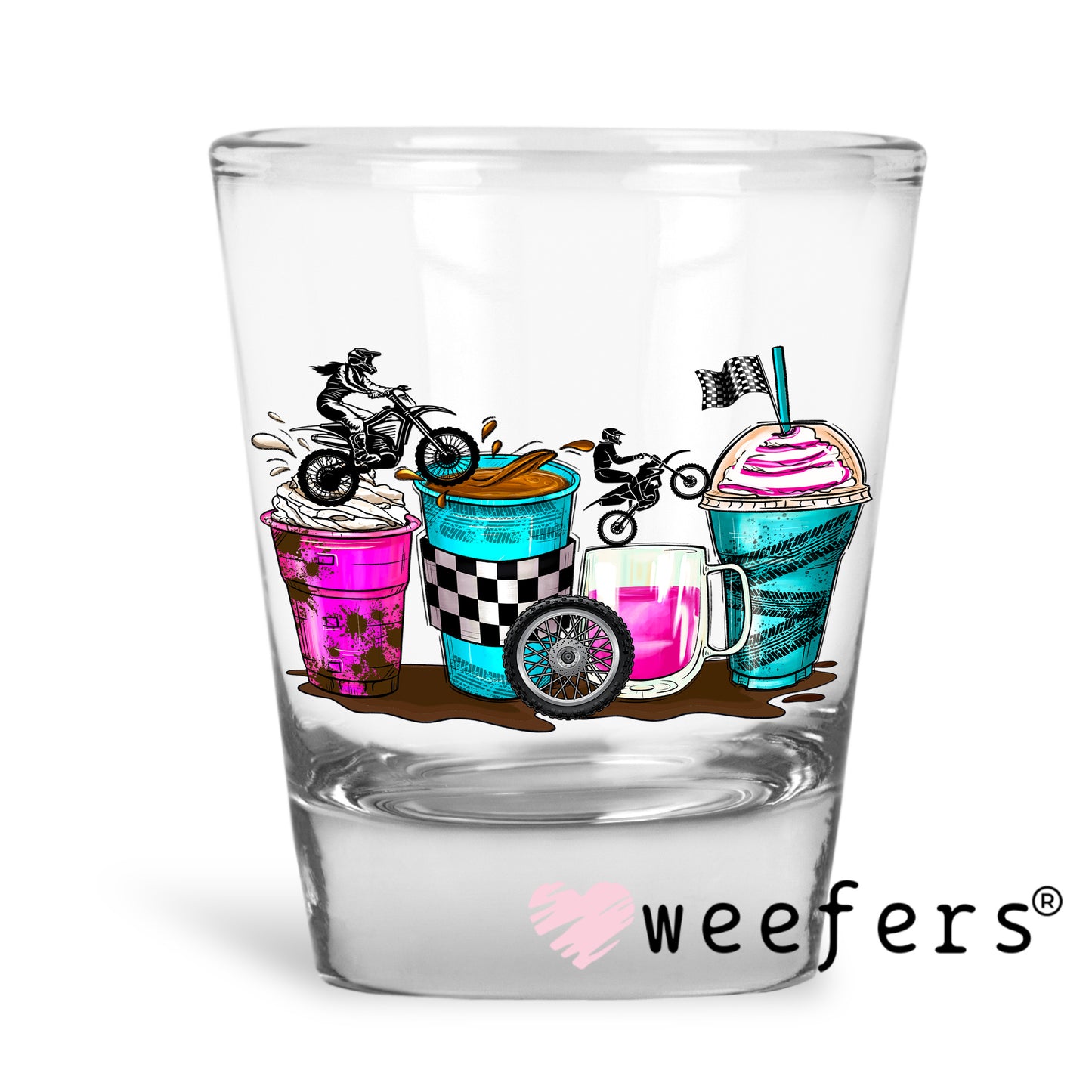 Motocross Coffee Latte UV DTF Decal Shot Glass Heavy Base Weefers