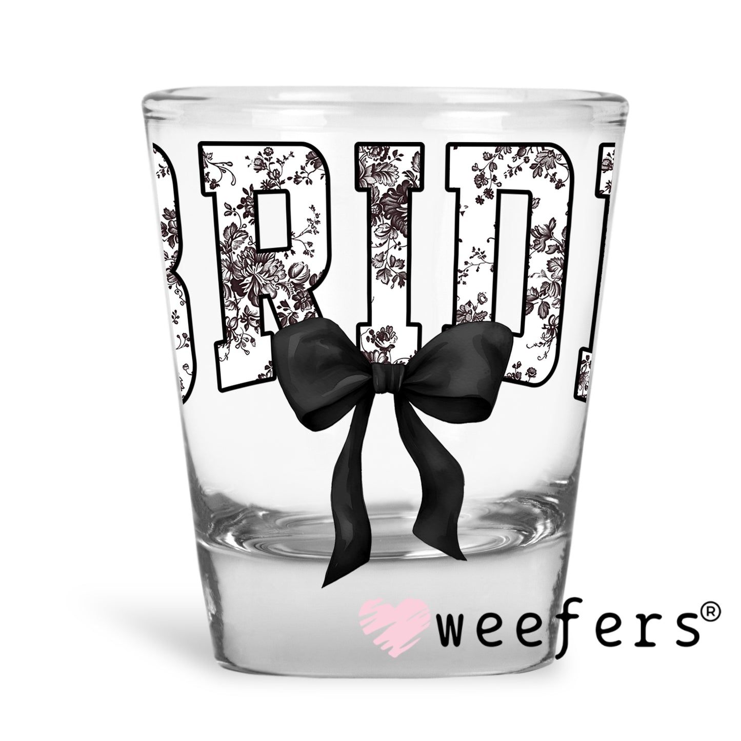 Bride Black Toile Coquette Bow UV DTF Decal Shot Glass Heavy Base Weefers