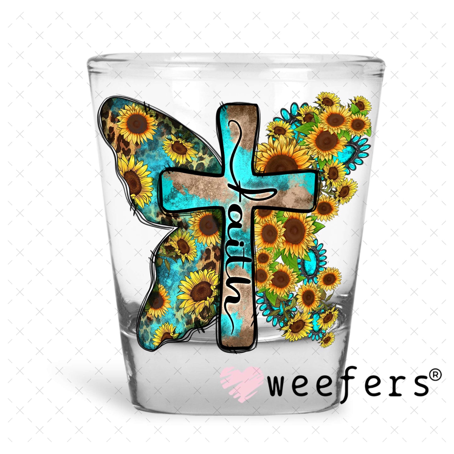Faith Cross Sunflowers UV DTF Decal Shot Glass Heavy Base Weefers