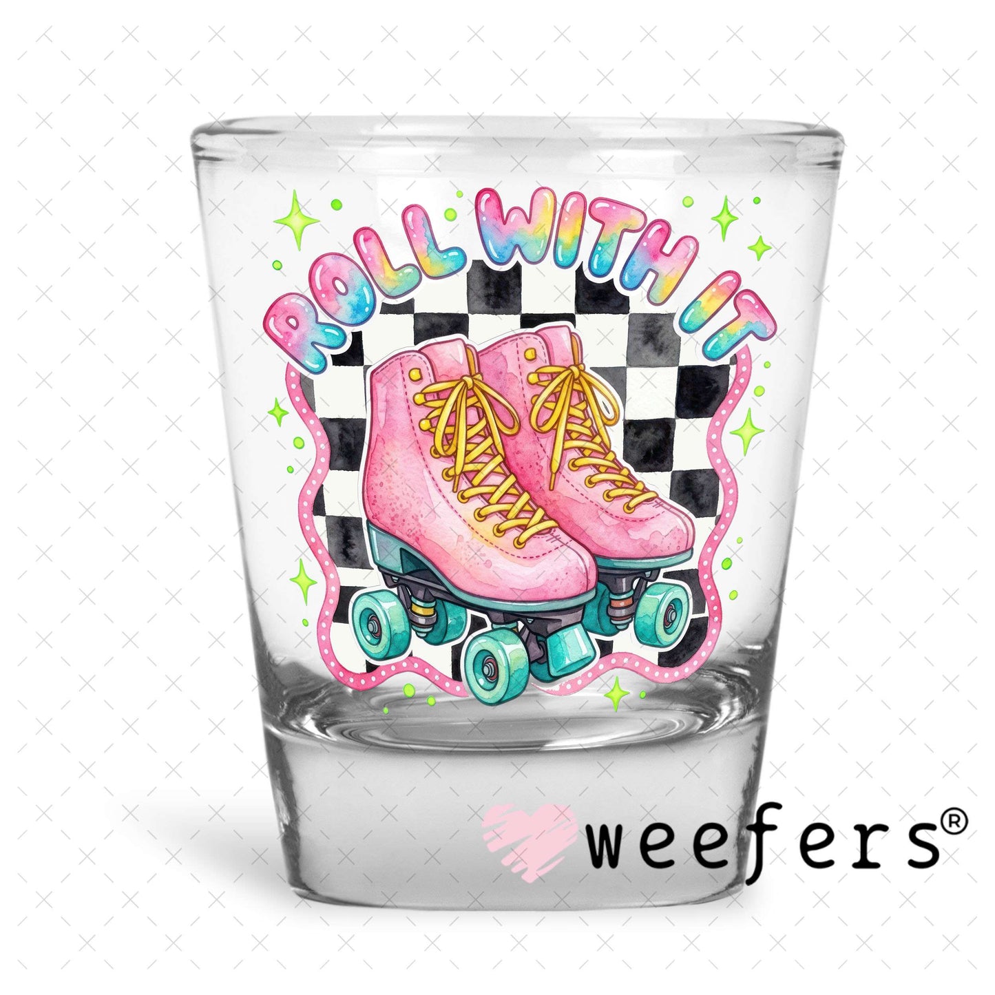 UV DTF Decal - Roll With It Light Pink Blue Skates Shot Glass Heavy Base Weefers