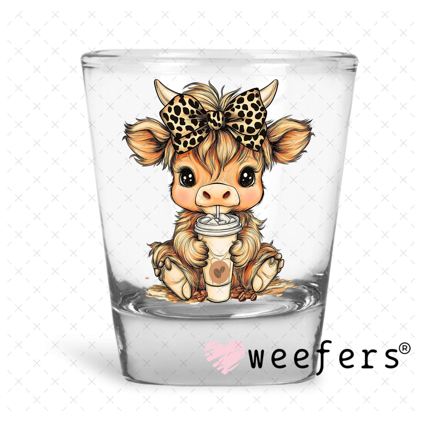 UV DTF Decal - Cutie Cow Leopard Bow Iced Coffee Shot Glass Heavy Base Weefers