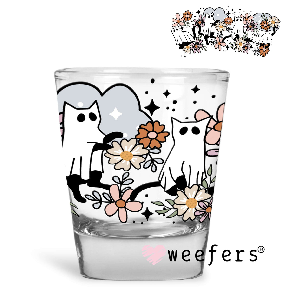 Floral Cat Ghosts UV DTF Cup Wrap Shot Glass Heavy Base Weefers