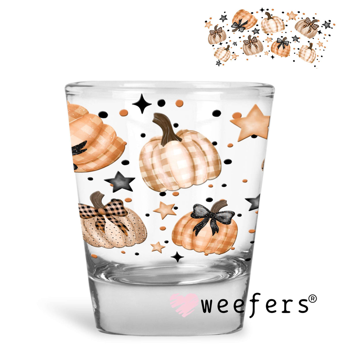 Watercolor Fall Plaid Pumpkins UV DTF Cup Wrap Shot Glass Heavy Base Weefers